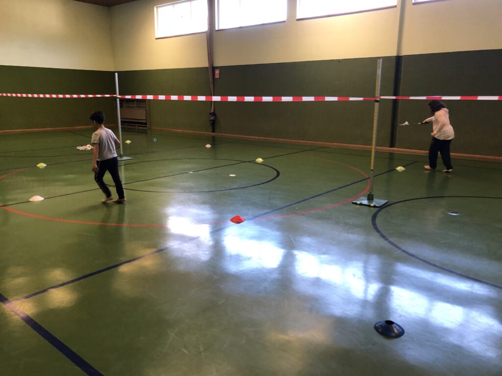 Beim Badminton spielt ein einzelner Spieler gegen einen anderen. Man kann es aber auch in Paaren spielen. Ein Netz teilt das Spielfeld in zwei Hälften. Man schlägt den Ball über das Netz und hofft, dass der Ball beim Gegner auf den Boden kommt oder dass er ihn nicht über das Netz zurückspielen kann. So macht man einen Punkt.